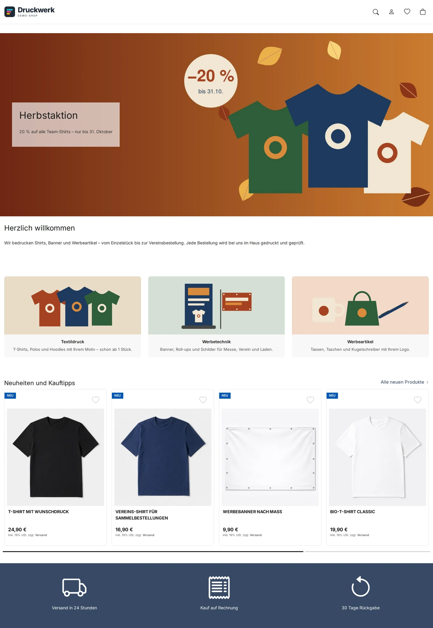 Startseite des Demo-Shops: Slider mit dem Slide „Herbstaktion – 20 % auf alle Team-Shirts“ und Textkasten links, darunter der Begrüßungstext „Herzlich willkommen“, drei Kategorie-Kacheln Textildruck, Werbetechnik und Werbeartikel mit Bild und Kurzbeschreibung, der Produktblock „Neuheiten und Kauftipps“ als Slider mit vier sichtbaren Produkten und die Icon-Zeile mit Versand in 24 Stunden, Kauf auf Rechnung und 30 Tage Rückgabe