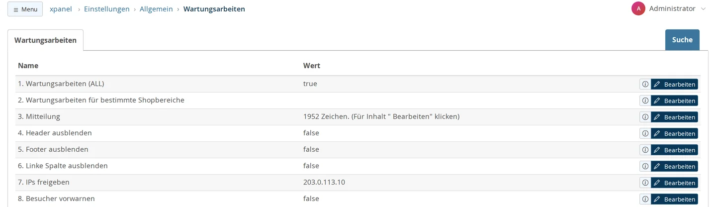 Einstellungen Wartungsarbeiten mit Wartungsarbeiten (ALL) auf true und einer freigegebenen IP-Adresse
