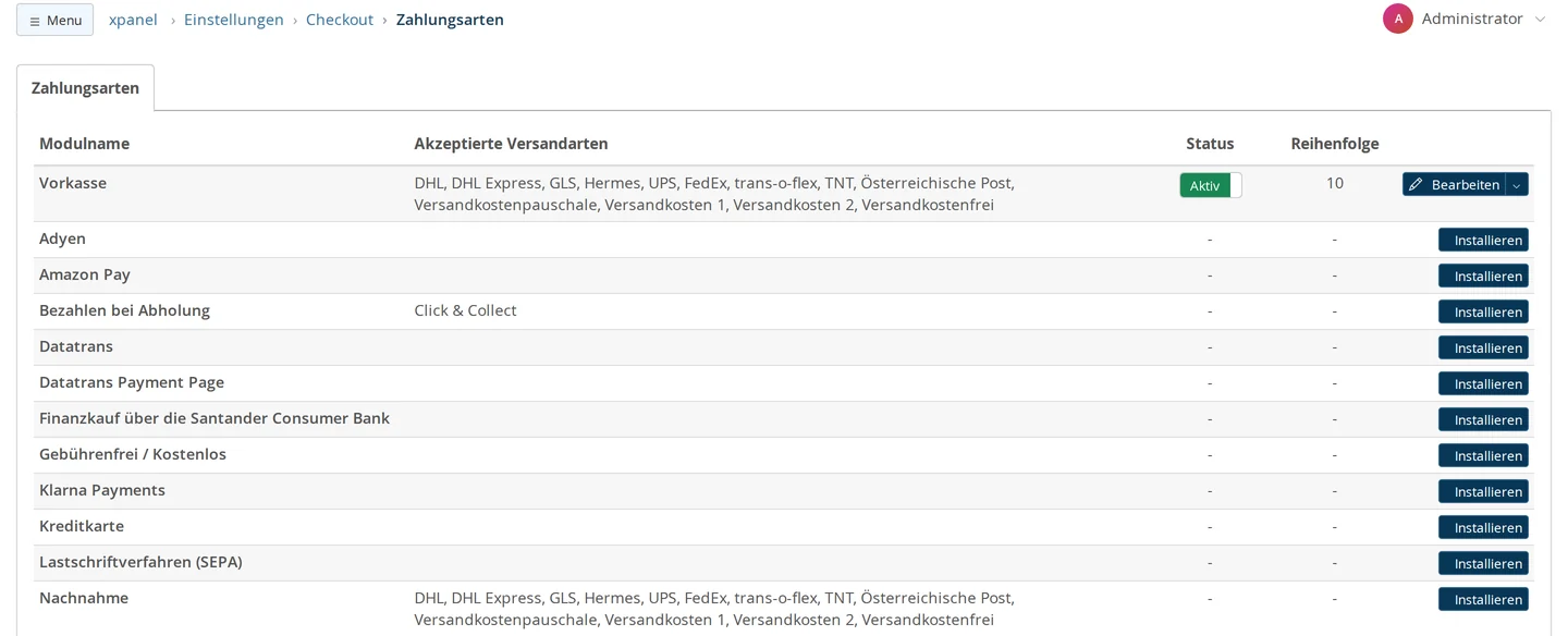 Liste der Zahlungsarten: Vorkasse aktiv, alle anderen Zahlarten mit dem Knopf Installieren