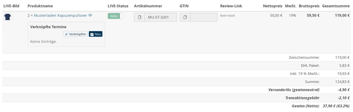 Total for an order of two hoodies at 50.00 euros net: Total 124.83 euros, including shipping revenue (profit-neutral) minus 4.90 euros, transaction fee minus 2.10 euros, and profit (net) of 37.90 euros, representing 63.2 percent