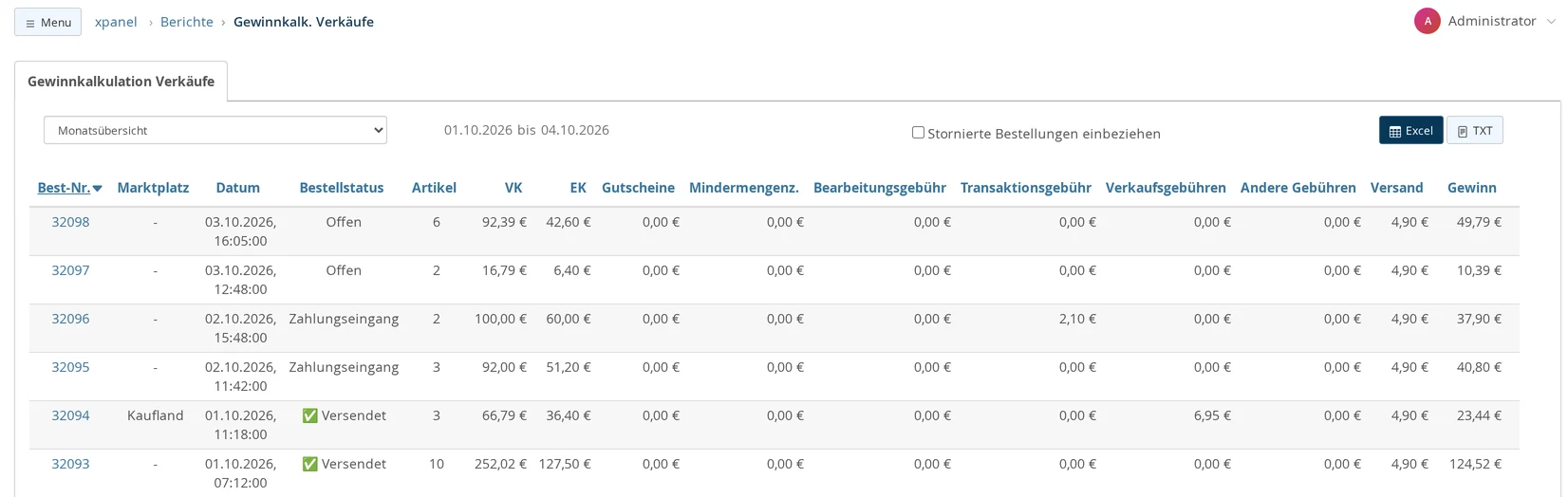 Profit Calculation: Sales in the Monthly Overview, with the "Include Canceled Orders" checkbox, the Excel and TXT buttons, and the columns Item No., Marketplace, Date, Order Status, Item, Sales Price, Cost Price, Coupons, Minimum Quantity Surcharge, Fees, Shipping, and Profit—including a Kaufland order with a sales fee