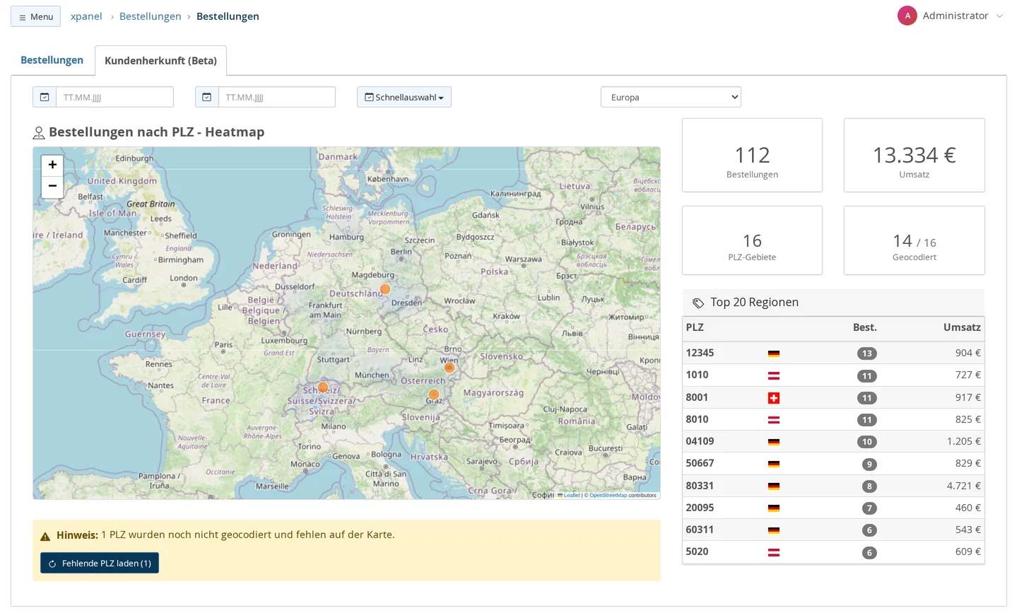 "Customer Origin" tab (Beta) with a map of Europe and orange circles in Leipzig, Zurich, Vienna, and Graz; next to it are the tiles "Orders," "Revenue," "ZIP Code Areas," and "Geocoded," as well as the "Top 20 Regions" list; below the map is a note with the "Load Missing ZIP Codes" button