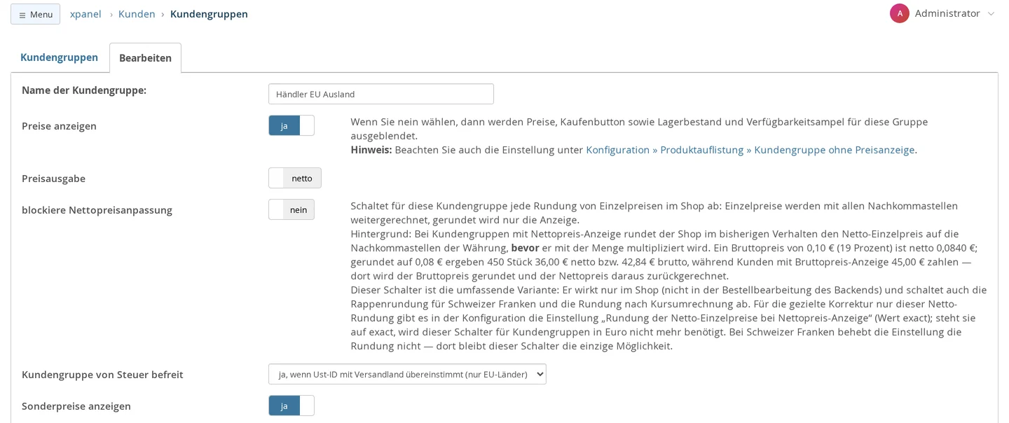 Edit the "EU Foreign Retailers" customer group: "Show Prices" yes, "Price Display" net, "Block Net Price Adjustment" no with explanation, "Customer Group Exempt from Tax" set to "Yes, if VAT ID matches the shipping country (EU countries only)" and “Show Special Prices” yes