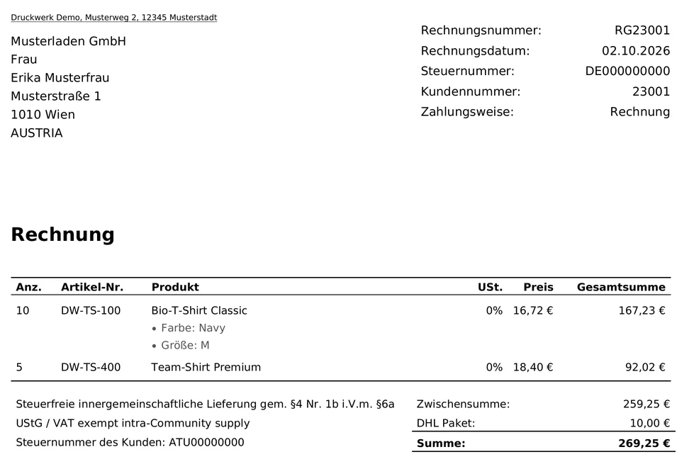 Invoice RG23001 to Musterladen GmbH, Erika Musterfrau, Musterstraße 1, 1010 Vienna, Austria, with tax ID number DE000000000 in the header; two line items with 0% VAT, including on the left “Tax-exempt intra-Community supply pursuant to §4 No. 1b in conjunction with §6a UStG / VAT-exempt intra-Community supply” and “Customer’s tax ID number: ATU00000000,” on the right: subtotal €259.25, DHL package €10.00, and total €269.25 without a tax line