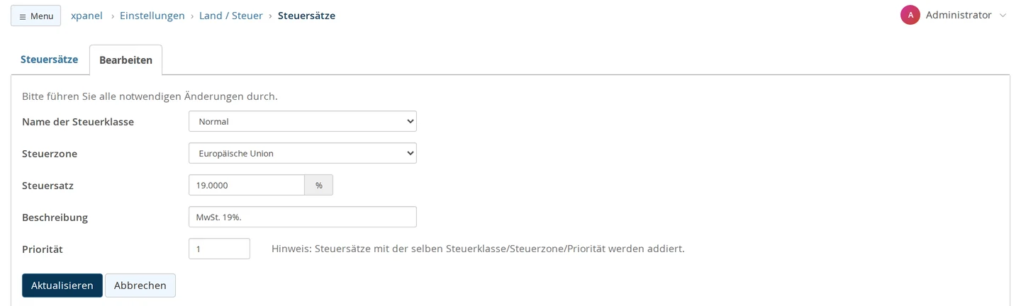 "Edit Tax Rate" screen under Settings → Country / Tax → Tax Rates: "Tax Class Name" Normal, "Tax Zone" European Union, "Tax Rate" 19.0000 %, "Description" VAT 19%, “Priority” 1 with the note “Tax rates with the same tax class/tax zone/priority are added together” and the “Update” and “Cancel” buttons