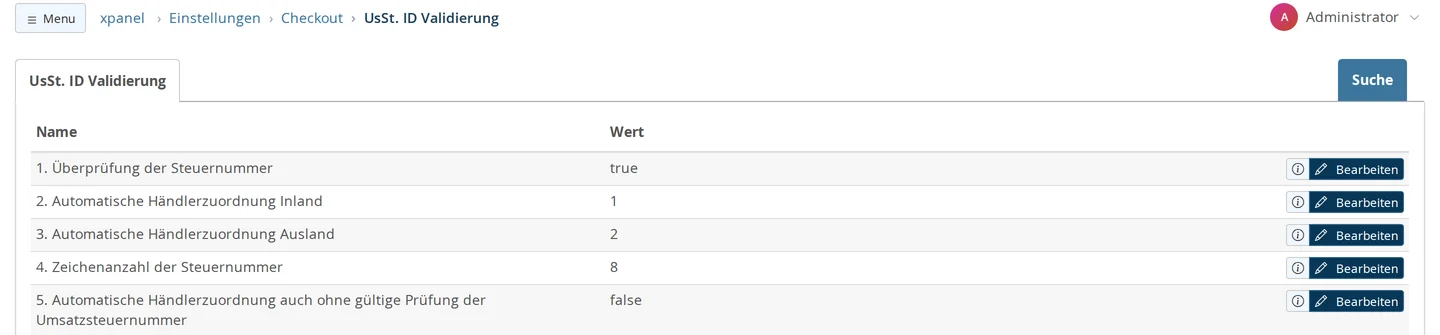 "Tax ID Validation" settings group under Settings → Checkout with five lines: Tax ID validation: true, Automatic merchant assignment (domestic): 1, Automatic merchant assignment (international): 2, Number of characters in tax ID: 8, Automatic merchant assignment even without valid tax ID validation: false