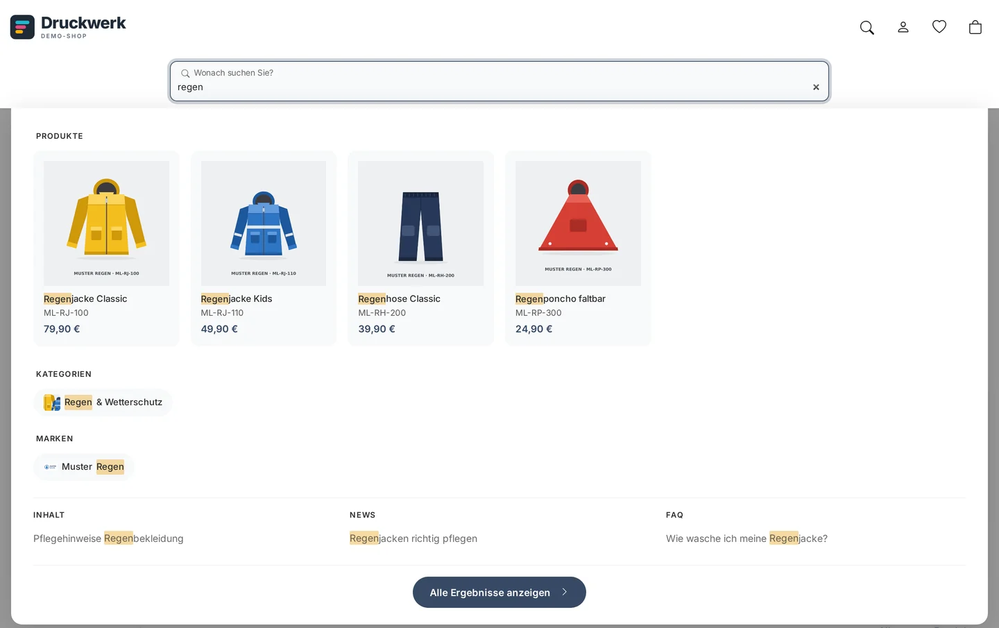 Store with the quick search for “rain” open: four product cards with image, name, item number, and price (Classic Rain Jacket, Kids’ Rain Jacket, Classic Rain Pants, Foldable Rain Poncho), below which are the “Rain & Weather Protection” chip under Categories and the “Rain Patterns” chip with a logo under Brands, the Content, News, and FAQ columns—each with one result—and the “Show All Results” button