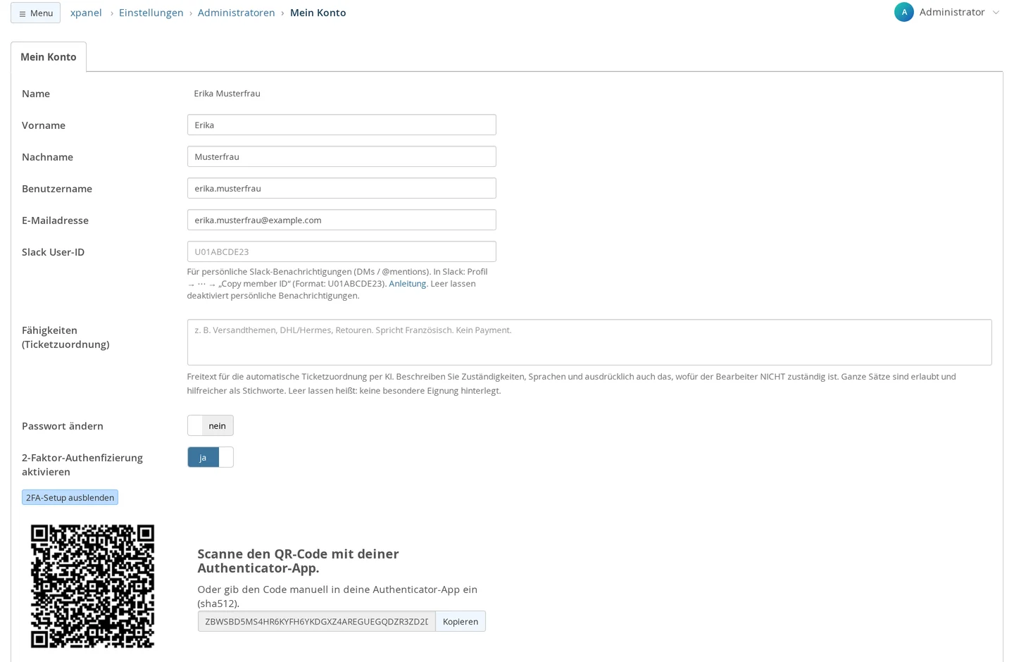 Mein Konto von Erika Musterfrau mit eingeschaltetem Schalter für die 2-Faktor-Authentifizierung und aufgeklapptem 2FA-Setup: QR-Code, Hinweis „Scanne den QR-Code mit deiner Authenticator-App“, Angabe des Verfahrens sha512, Feld mit dem Schlüssel eines Demo-Kontos und Knopf „Kopieren“