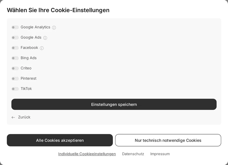 Cookie-Banner im Shop mit aufgeklappten individuellen Einstellungen: Google Analytics, Google Ads, Facebook, Bing Ads, Criteo, Pinterest und TikTok, alle Schalter aus