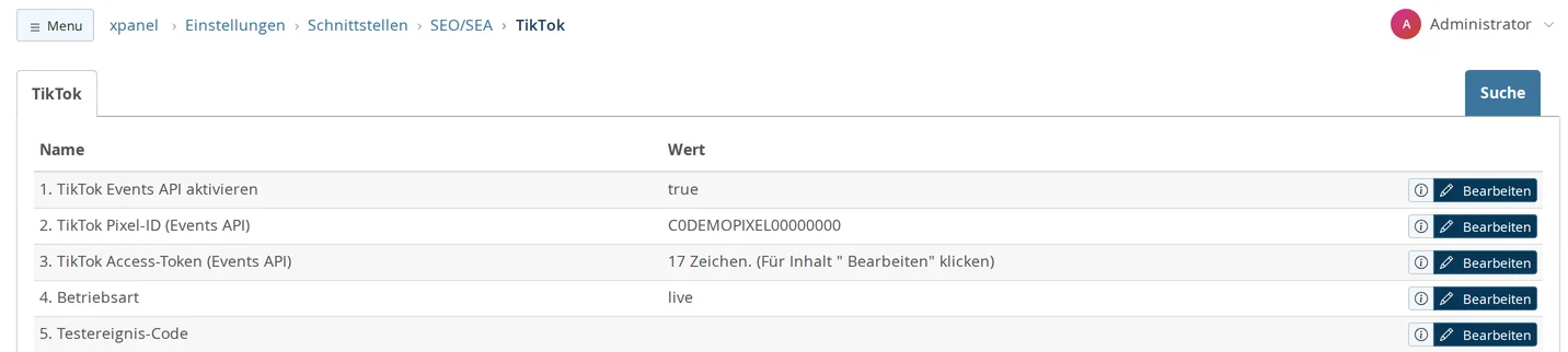 Einstellungsgruppe „TikTok“: Events API aktiviert mit true, Pixel-ID als Platzhalter, Access-Token nur als Zeichenzahl angezeigt, Betriebsart live, Testereignis-Code leer