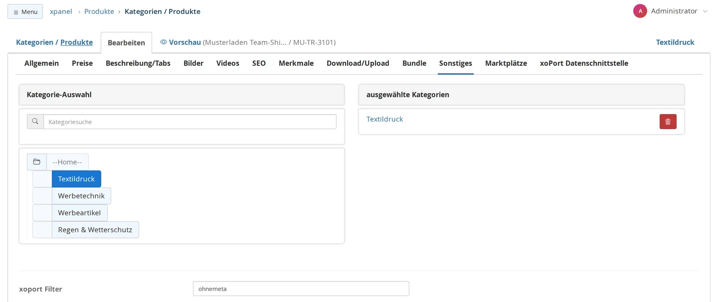 Artikelmaske, Reiter „Sonstiges“: oben die Kategorie-Auswahl mit Textildruck, darunter das Feld „xoport Filter“ mit dem Kennwort ohnemeta