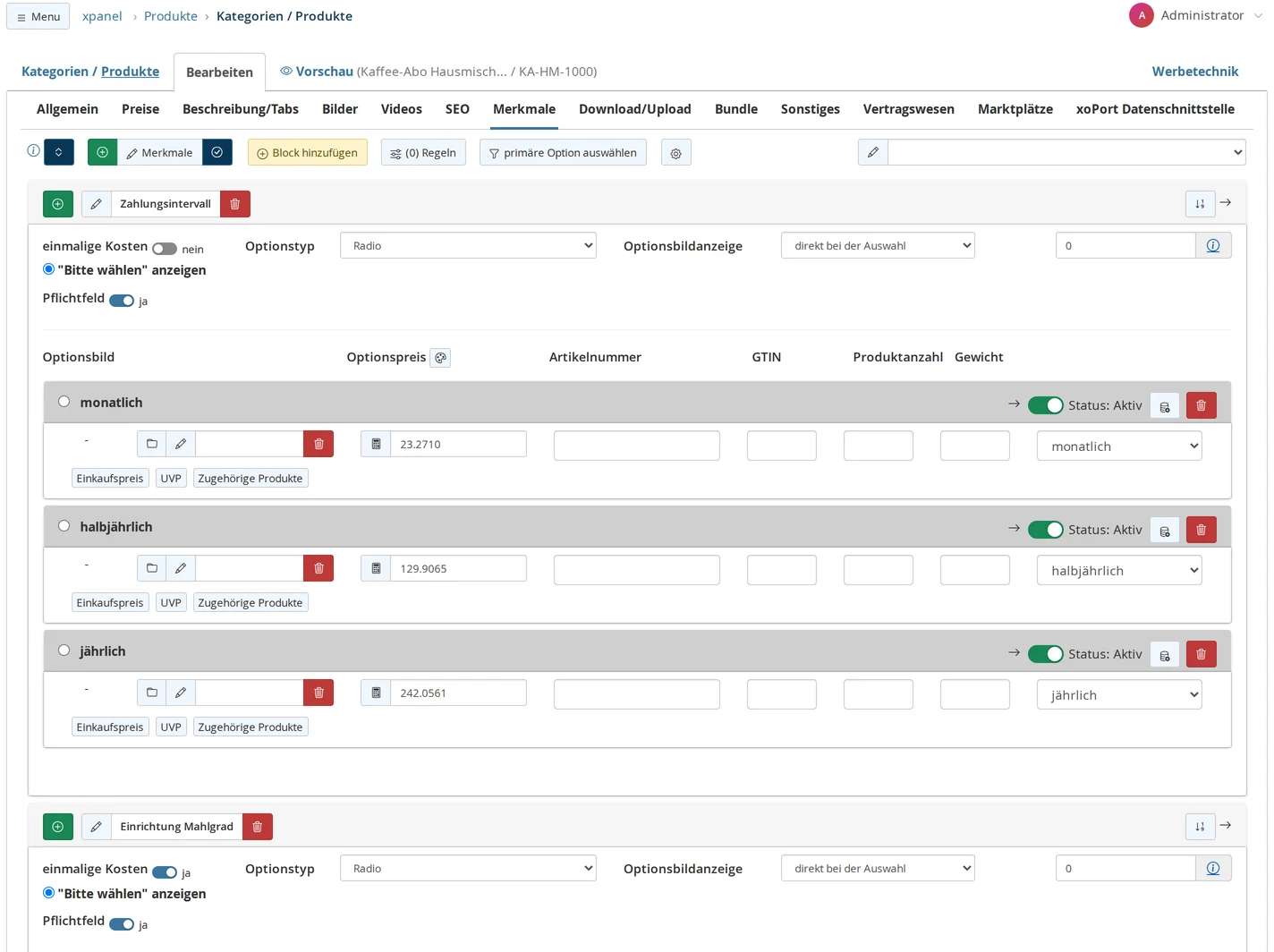 Product Editor, Features tab: "Payment Interval" feature with the values "monthly," "semiannually," and "annually," each with a net surcharge listed to the right of each row in the interval selection; below that, the header for the "Grind Setting" feature with "one-time cost" set to "Yes"