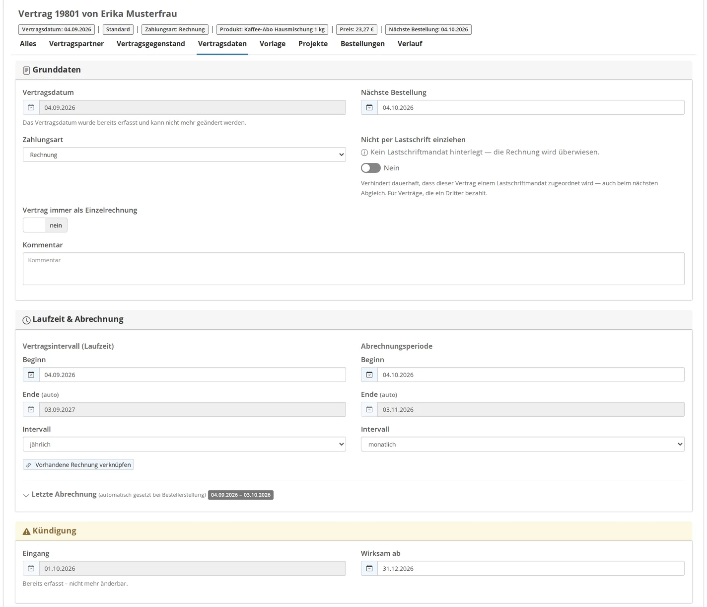 Contract 19801 for Erika Musterfrau, Reiter: Contract details, including the Basic Data section (contract date, next order, payment method: invoice, contract always as a single invoice), Term & Billing using the “Link Existing Invoice” button, and Termination with receipt date October 1, 2026, and effective December 31, 2026