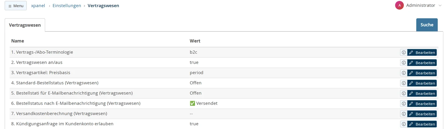 Settings → Contracts: Contract/Subscription Terminology (B2C), Contracts On/Off (true), Contract Items: Pricing Basis: Period, Default Order Status and Order Statuses for Email Notification set to "Open," Order Status After Email Notification set to "Sent," Shipping Cost Calculation left blank, Allow Cancellation Request in Customer Account set to true