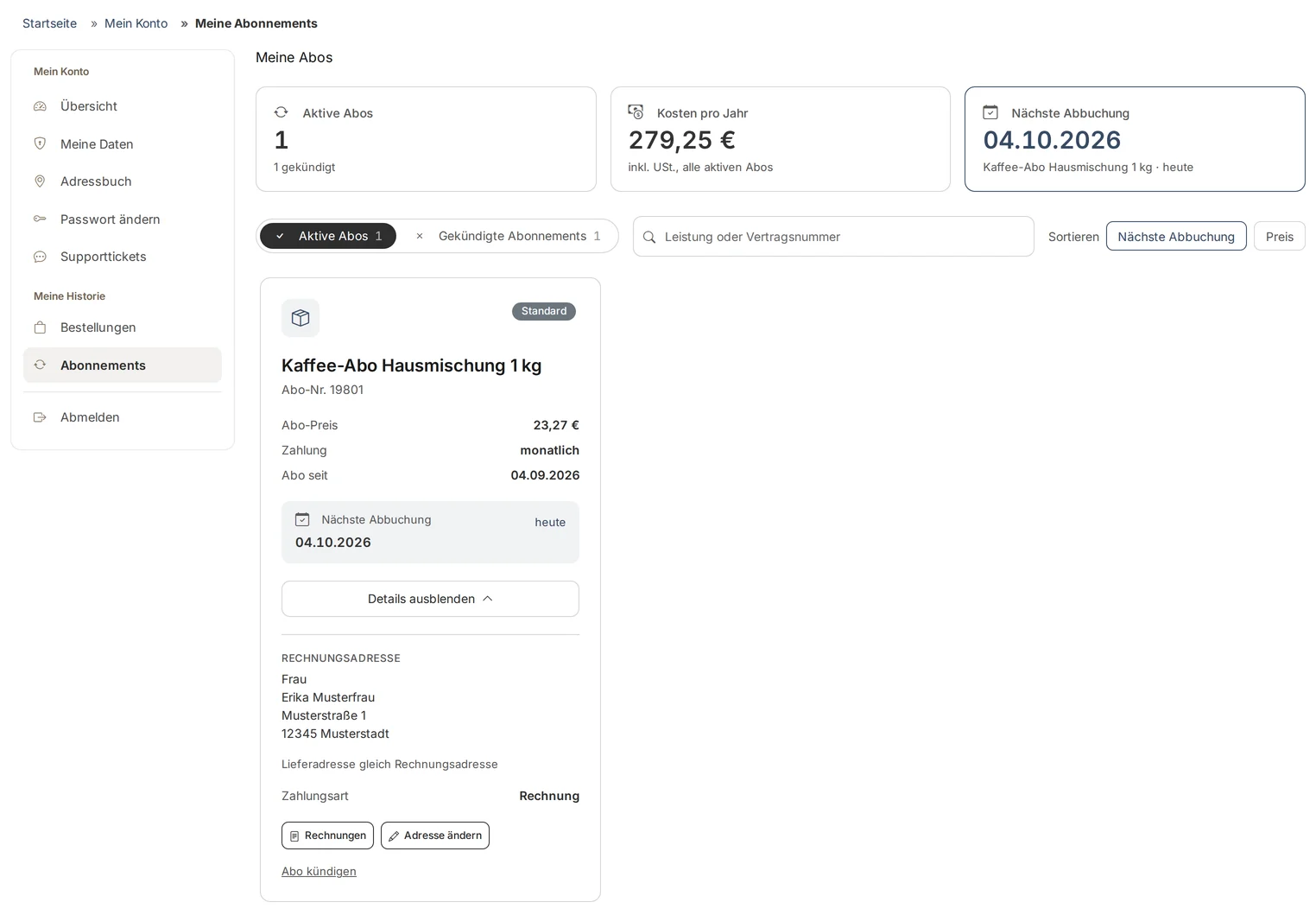 Customer Account, "My Subscriptions" page: "Active Subscriptions 1" tiles (1 canceled), annual cost and next payment date, toggle switch for "Active Subscriptions" and "Canceled Subscriptions," Search and Sort, below which is the expanded card for the coffee subscription showing the subscription price, monthly payment, next payment date, billing address, and the “Cancel Subscription” link