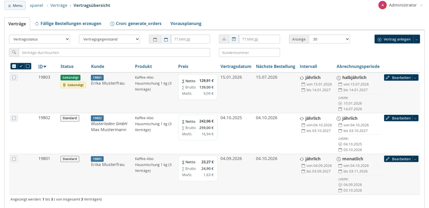 Contract Overview with the tabs "Contracts," "Generate Due Orders," "Cron: generate_orders and Forecast, the filters Contract Status, Contract Subject, and Date, the search function, the Create Contract button, and three coffee subscription contracts from Erika Musterfrau and Musterladen GmbH, one of which has been canceled