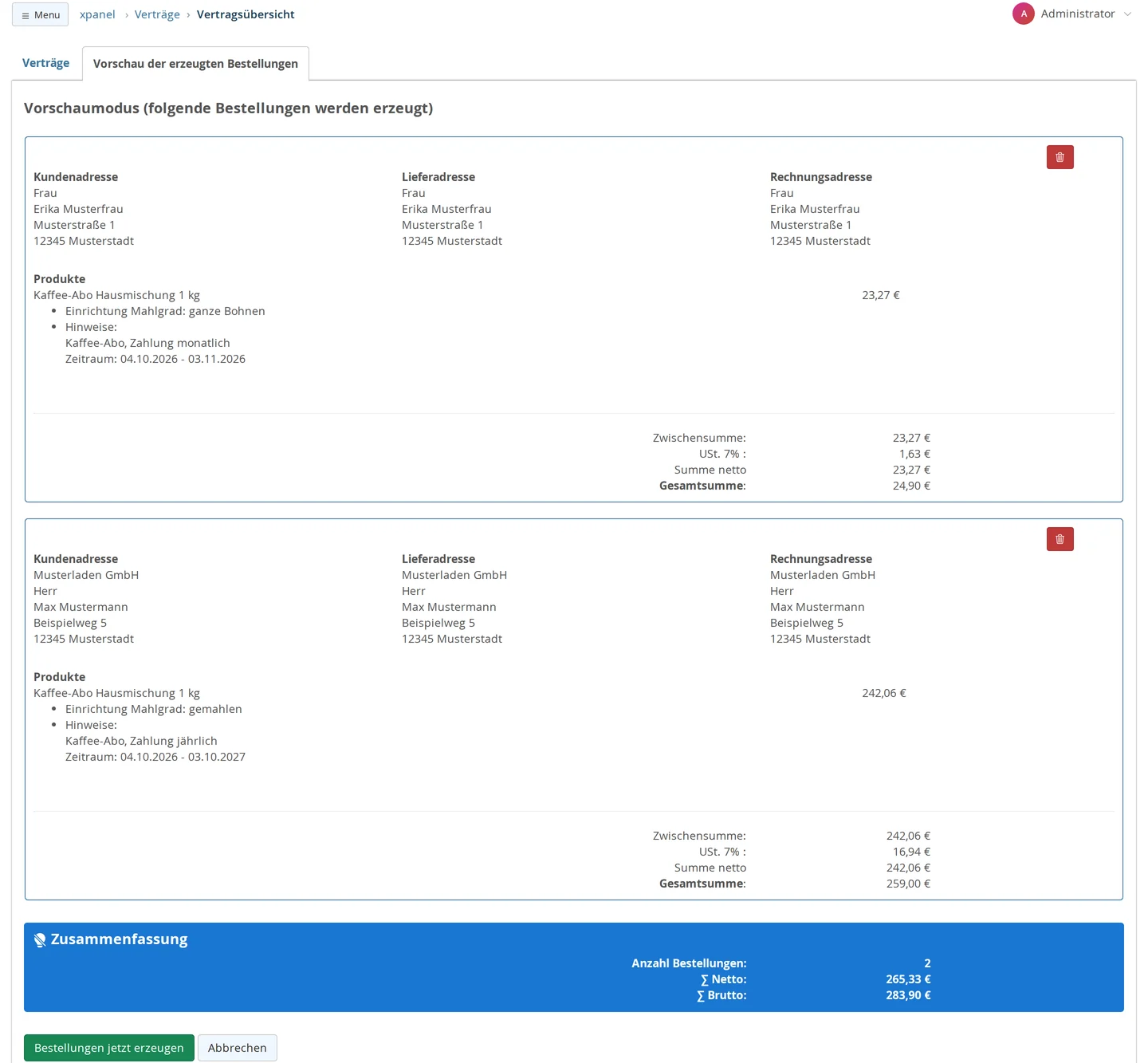 Preview of the generated orders, including two pre-configured orders for Erika Musterfrau (monthly, €24.90) and Musterladen GmbH (annual, €259.00), each with addresses, contract details including the term and amounts, followed by a summary and the “Generate Orders Now” button