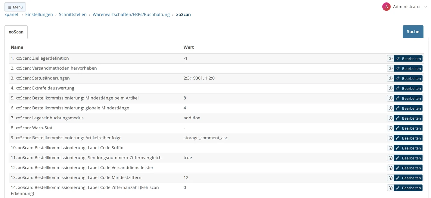 Settings → Interfaces → Inventory Management/ERPs/Accounting → xoScan: List of the 14 xoScan settings and their values