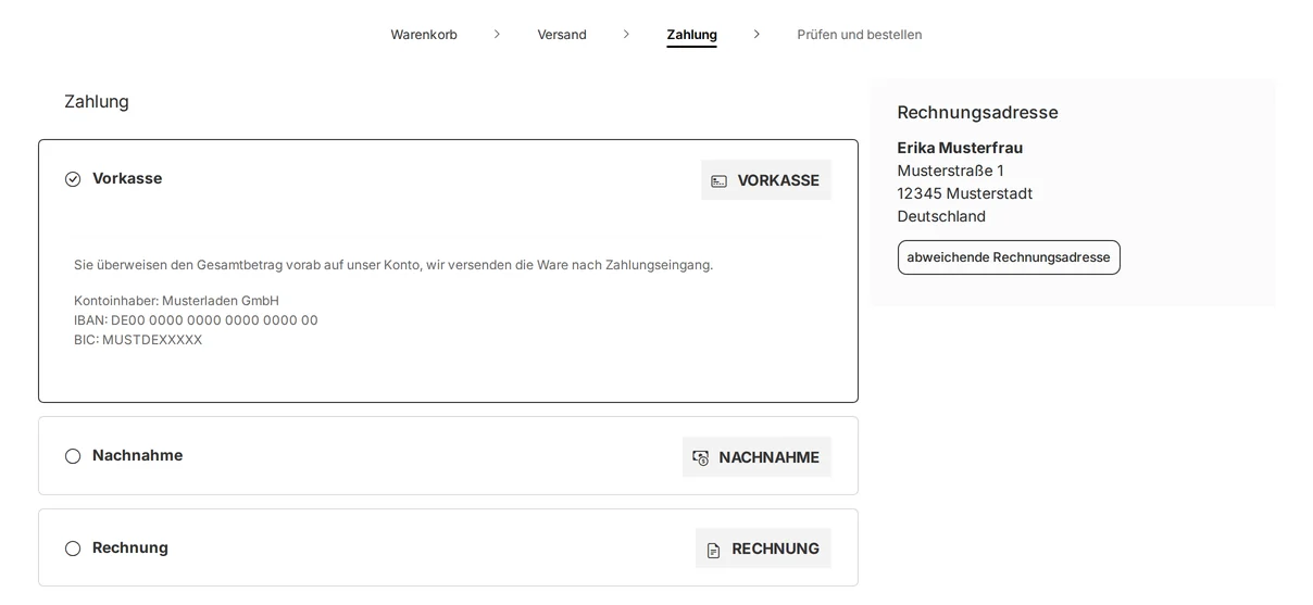 "Payment" checkout step in the store: "Prepayment" selected, with the description: "You transfer the total amount to our account in advance, and we ship the merchandise after we receive payment." and the bank details for Musterladen GmbH, IBAN DE00 0000 0000 0000 0000 00, BIC MUSTDEXXXXX; below that, Cash on Delivery and Invoice; on the right, the billing address: Erika Musterfrau, Musterstraße 1, 12345 Musterstadt, Germany