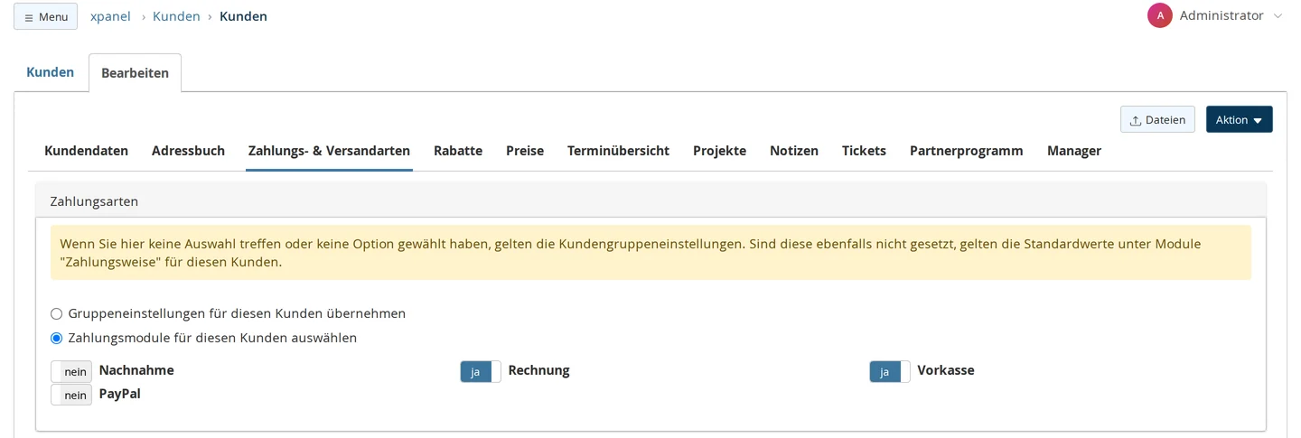 Edit Customer, "Payment & Shipping Methods" tab, Payment Methods section: Note regarding customer group settings; select "Select payment modules for this customer" instead of "Apply group settings to this customer"; set "Invoice" and "Prepayment" to "Yes," and "Cash on Delivery" and "PayPal" to "No"