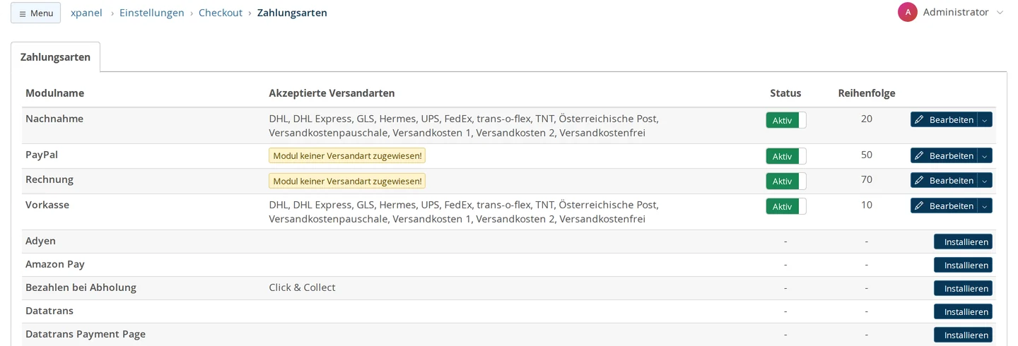 Settings → Checkout → Payment Methods, with the columns Module Name, Accepted Shipping Methods, Status, and Order: Cash on Delivery (20) and Prepayment (10) with their shipping methods, PayPal (50) and Invoice (70) with the yellow note “Module not assigned to any shipping method!”, all four active; below them: Adyen, Amazon Pay, Pay on Pickup, Datatrans, and Datatrans Payment Page with the “Install” button