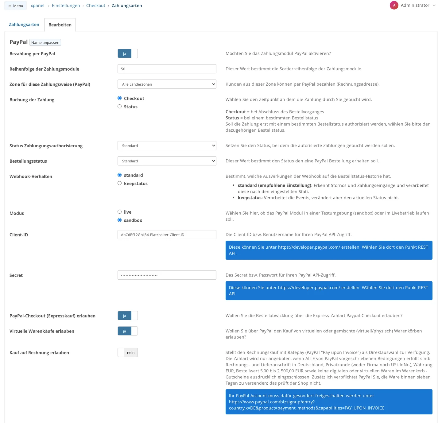PayPal module editing screen: “Payment via PayPal” yes, Order 50, Zone All Country Zones, “Payment Posting” Checkout instead of Status, “Payment Authorization Status” and “Order Status” default, “Webhook Behavior” default, “Mode” sandbox, Client ID and Secret with placeholders, “Allow PayPal Checkout (Express Purchase)” and “Allow Virtual Goods Purchases” yes, “Allow Purchase on Account” no, with a link to enable this feature on PayPal