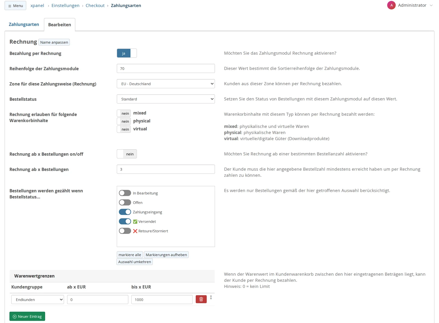 Edit screen for the Invoice module: “Payment by Invoice” yes, “Order of Payment Modules” 70, “Zone for this Payment Method (Invoice)” EU - Germany, “Order Status” Standard, “Allow Invoice for the Following Cart Contents” mixed, physical, and virtual: no, “Invoice starting at x orders on/off” no, “Invoice starting at x orders” 3, order statuses counted: Payment Received and Shipped, “Product Value Limits” table with the row “End customers from 0 to 1000 EUR”