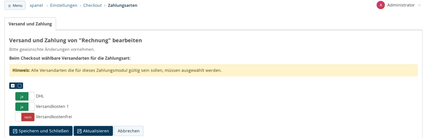 "Edit Shipping and Payment for 'Invoice'" screen with "Shipping methods selectable at checkout for this payment method:", and the note "All shipping methods that should be valid for this payment module must be selected." and radio buttons for each shipping method: DHL Yes, Shipping Cost 1 Yes, Free Shipping No