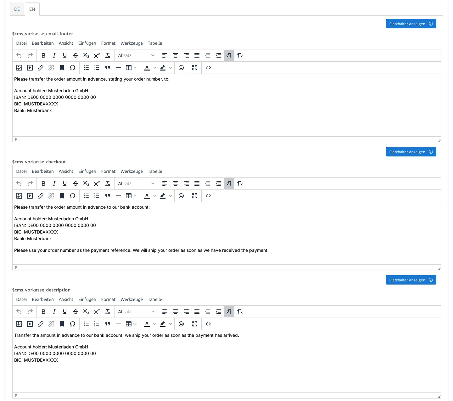 Lower section of the "Prepayment" module's editing screen with the language tabs "DE" and "EN"; "EN" tab is active: Editors $cms_vorkasse_email_footer, $cms_vorkasse_checkout, and $cms_vorkasse_description with English text and the bank details for Musterladen GmbH, IBAN DE00 0000 0000 0000 0000 00, BIC MUSTDEXXXXX, Bank Musterbank