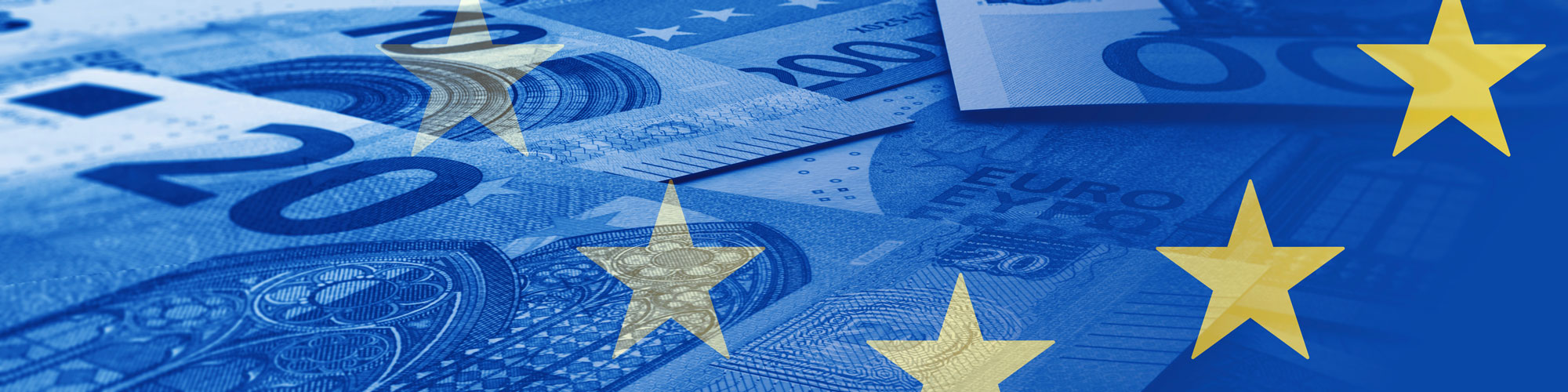 Blue-tinted euro banknotes with the yellow stars of the EU